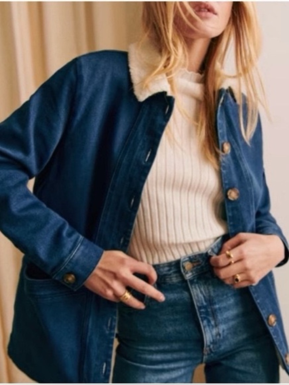 Sézane Blue Denim Jacket with Cream Sherpa Collar